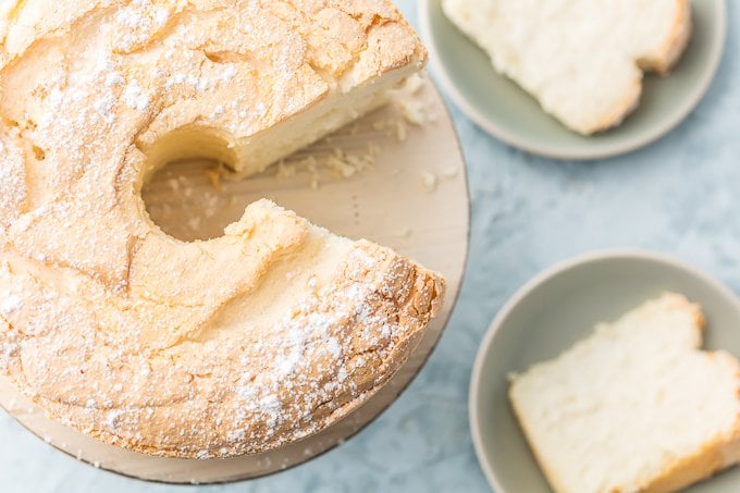 top view of sliced angel food cake on a cake stand