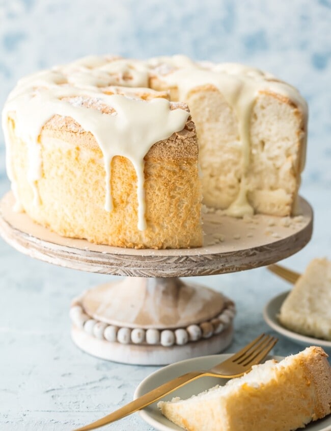 angel food cake on a cake stand
