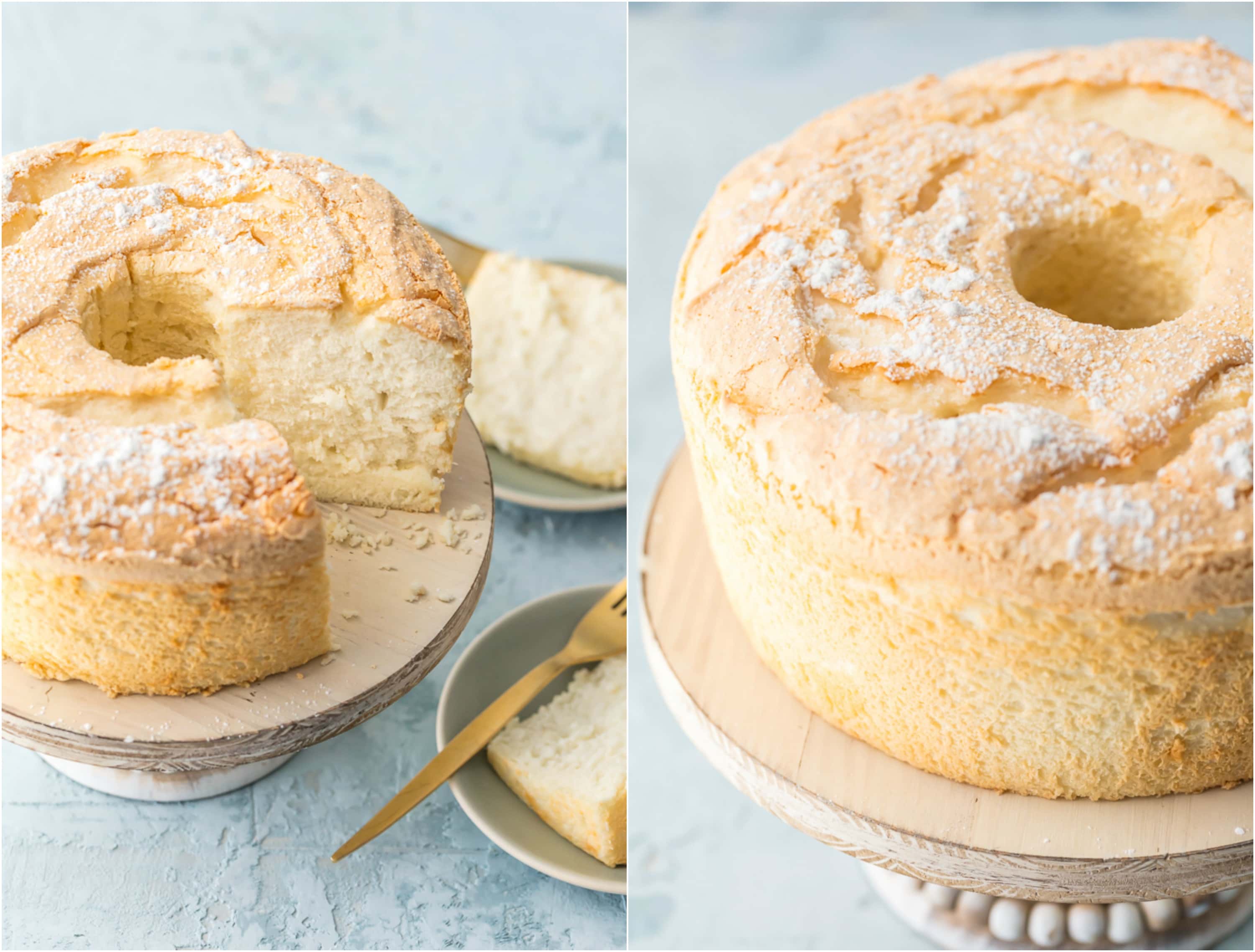 top views of angel food cake on a cake stand