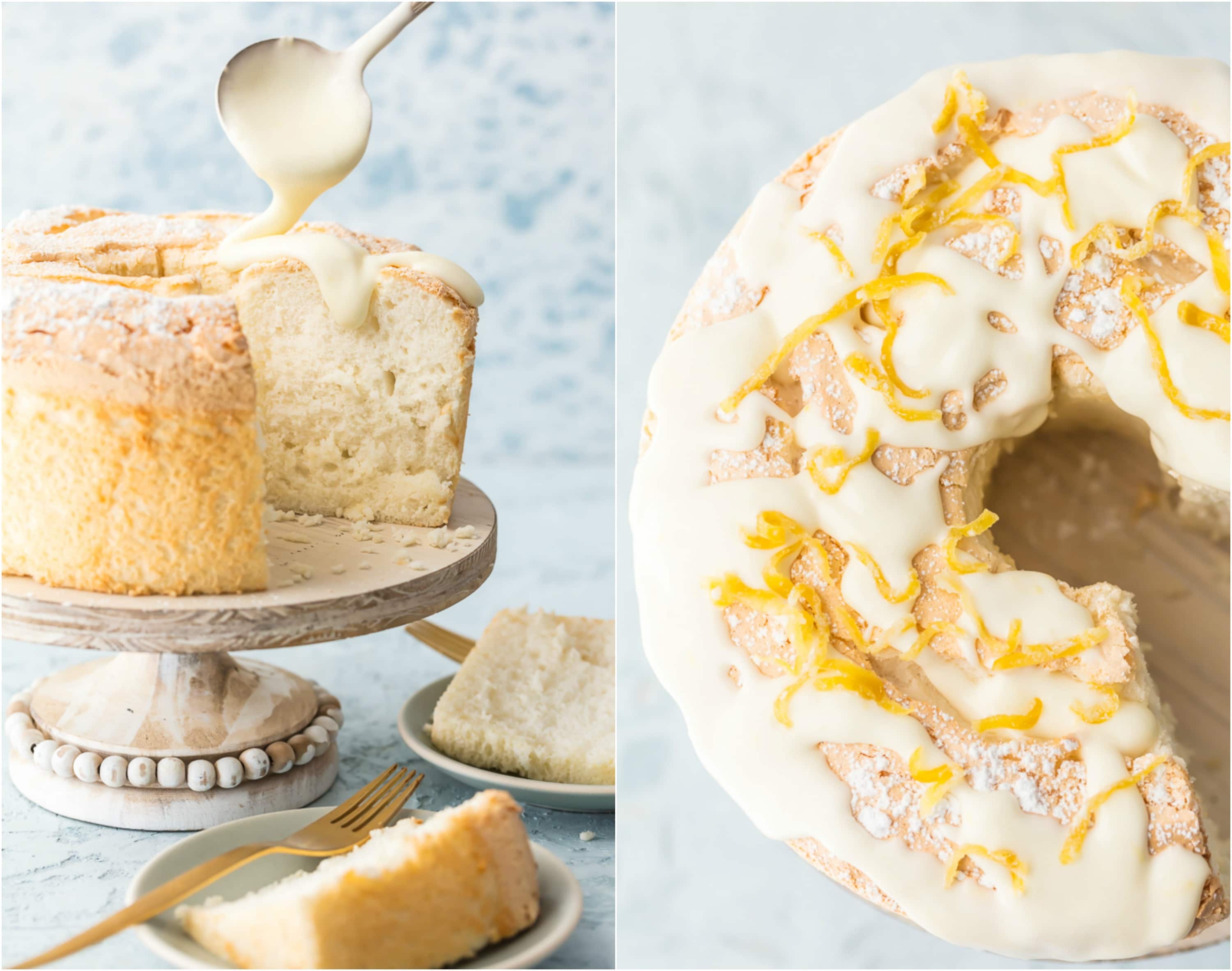 lemon zest glaze being poured on cake
