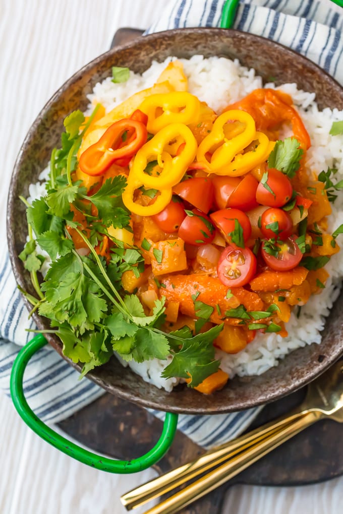 vegetable curry over rice with cilantro