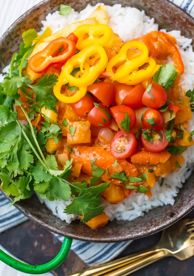 up close photo of vegetable curry over white rice