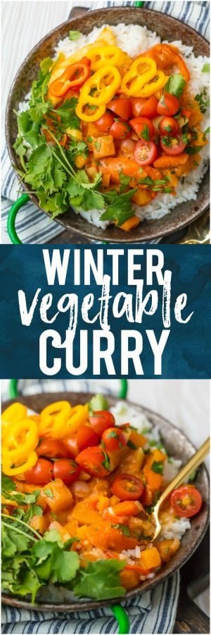 This WINTER VEGETABLE CURRY is the perfect fresh and light vegetarian meal for these cooler temps! Just the right amount of spice and all the colors of the rainbow make up this meal inspired by Indian flavors that the entire family will devour. Great for meal planning!