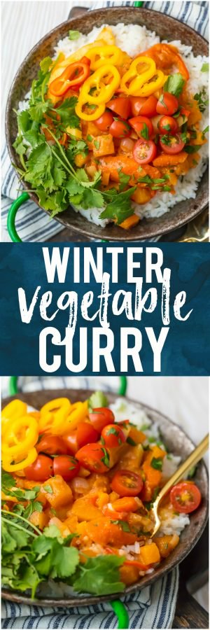 This WINTER VEGETABLE CURRY is the perfect fresh and light vegetarian meal for these cooler temps! Just the right amount of spice and all the colors of the rainbow make up this meal inspired by Indian flavors that the entire family will devour. Great for meal planning!