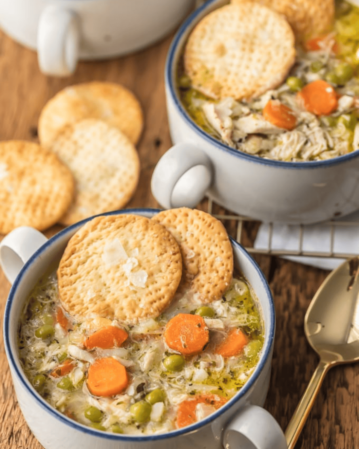 A bowl of chicken pot pie soup with pie crust crackers.