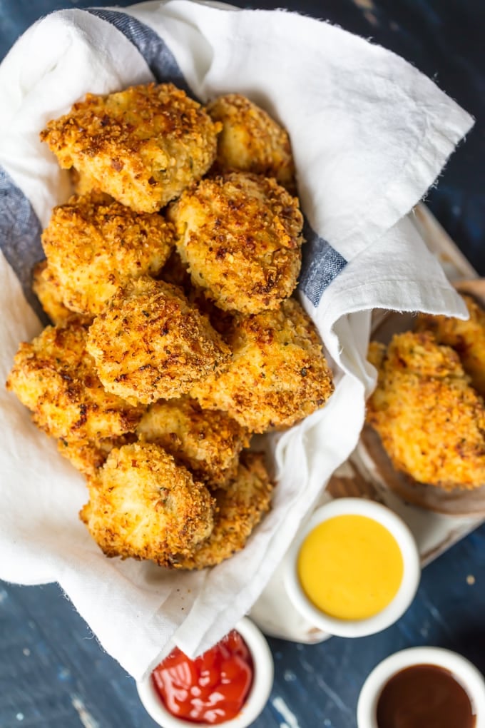 overhead shot of parmesan chicken nuggets with dipping sauce