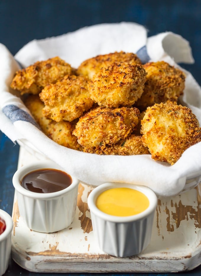 parmesan crusted chicken nuggets with dipping sauces