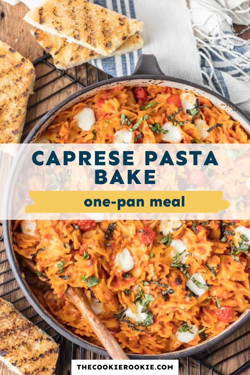caprese pasta bake pin image