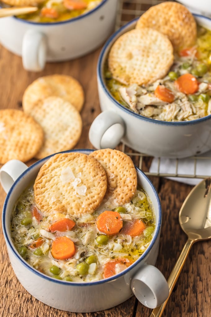 bowls of soup with pot pie crust crackers