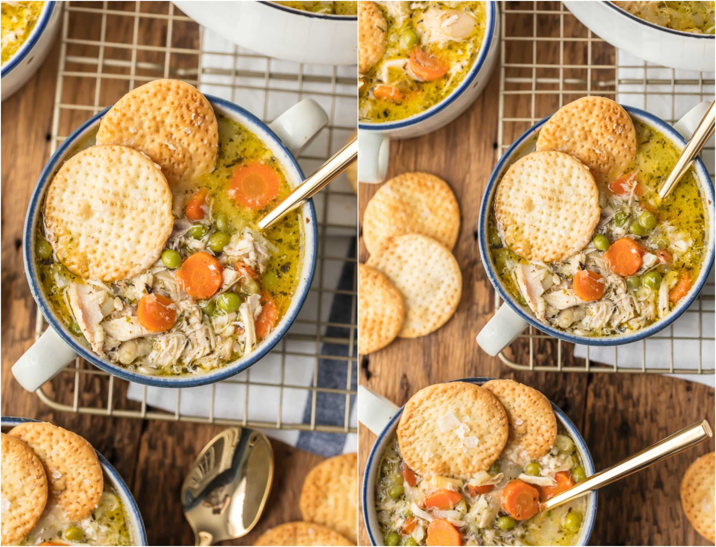 bowls of soup with pot pie crackers