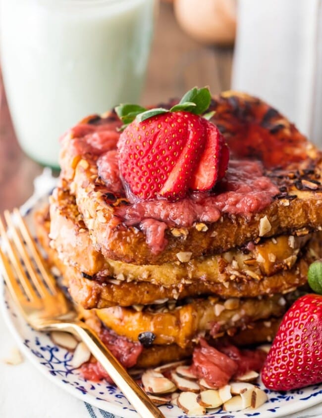 This FRENCH TOAST WITH ALMOND MILK is a great Dairy-Free French Toast recipe for those with lactose intolerance (or anyone who just prefers the flavor of almond milk). We love starting our mornings with this Crunchy Almond French Toast, and we added a delicious Roasted Strawberry Syrup! Fresh almonds along with the almond milk really adds to the overall flavor. It's unique, bursting with flavor, easy, and made with love.