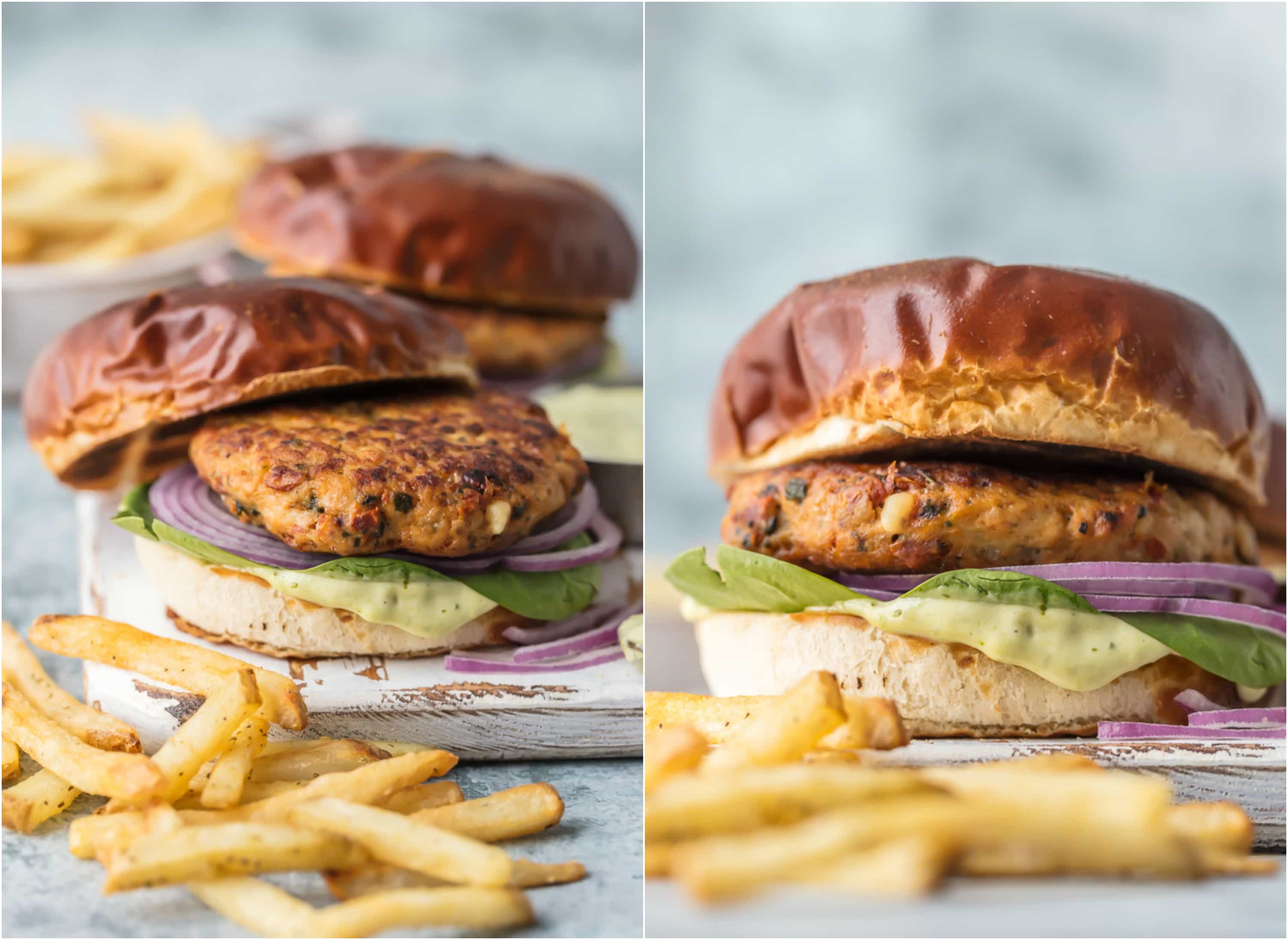 mediterranean chicken burgers with lettuce, onion, and pesto mayo