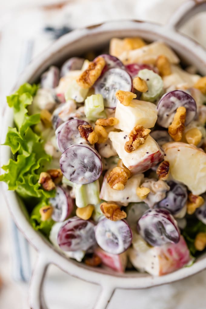 overhead waldorf salad recipe in a bowl