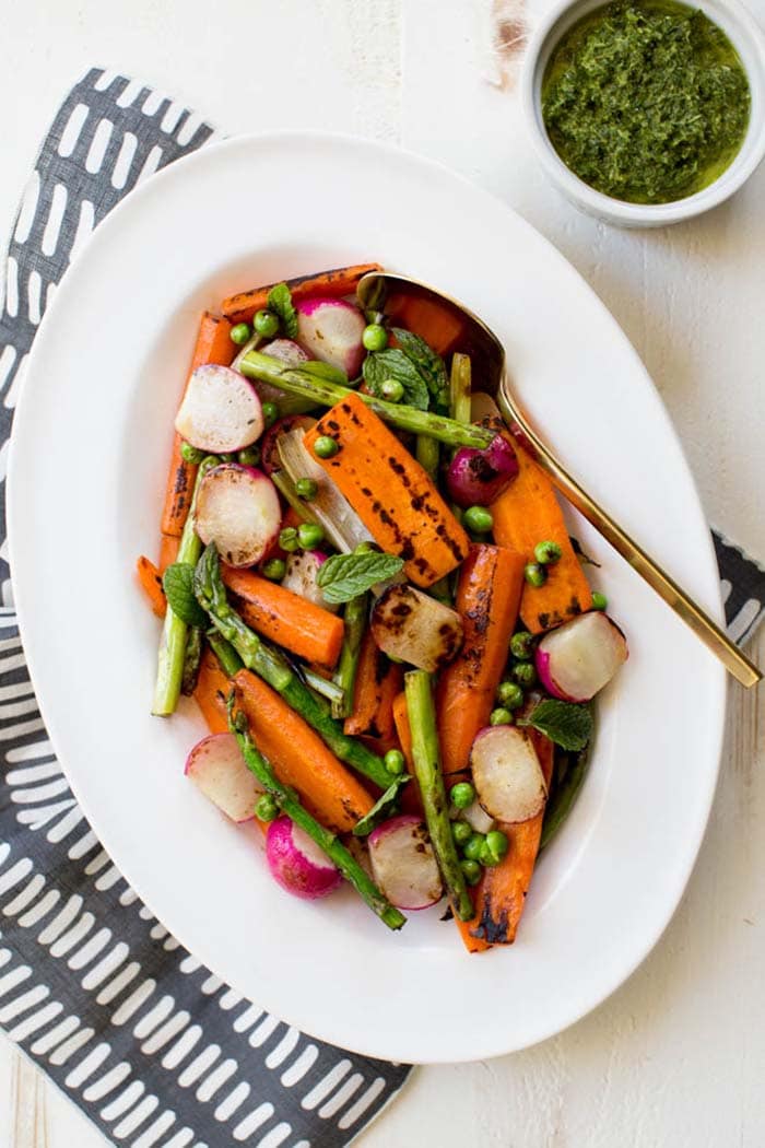 Charred Spring Vegetables with Herbed Carrot Top Dressing | Spoonful of Flavor