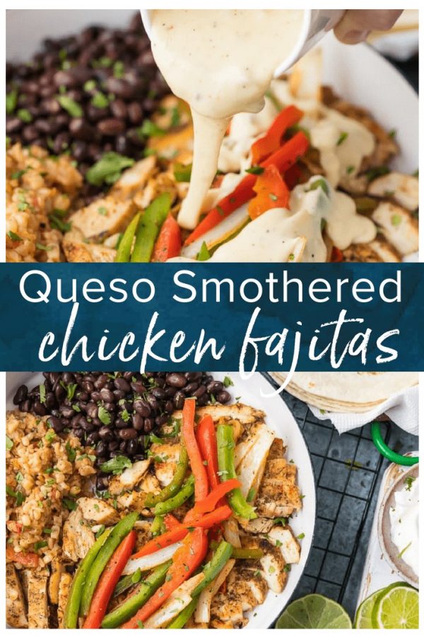 Chicken Fajitas have quickly become a favorite around here, especially this Queso Smothered Chicken Fajita Recipe! Traditional juicy Chicken Fajitas with all the veggies and spice, grilled to perfection, and smothered in cheese dip. This unique twist on a classic Mexican recipe is sure to please one and all and be requested again and again. Better than any Mexican Restaurant meal!