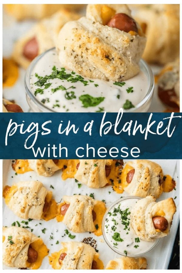Pigs in a Blanket with Cheese and Parmesan Ranch Butter will be all the rage at your next party. This Pigs in a Blanket Recipe is easy, fun, and oh so delicious. If you've wondered How to Make Pigs in a Blanket, these Lil' Smokies wrapped in sharp cheddar, crescent roll dough, and brushed with parmesan ranch butter are sure to be a hit.