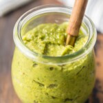 Basil Walnut Pesto is an amazing sauce full of basil, walnuts, olive oil, parmesan cheese, lemon juice, and garlic. This Homemade Pesto Sauce is the perfect topping for salmon, bruschetta, chicken, steak, and more. So much flavor and you can quickly make this Basil Pesto Recipe in a blender! 