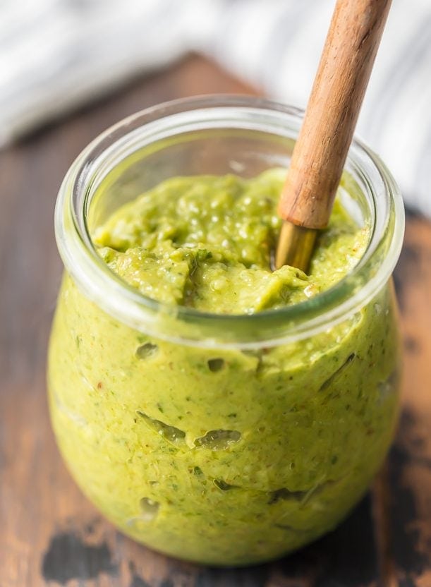 Basil Walnut Pesto recipe in a small glass jar