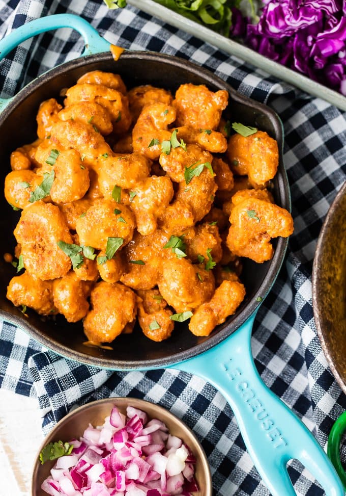 spicy buffalo shrimp in a skillet