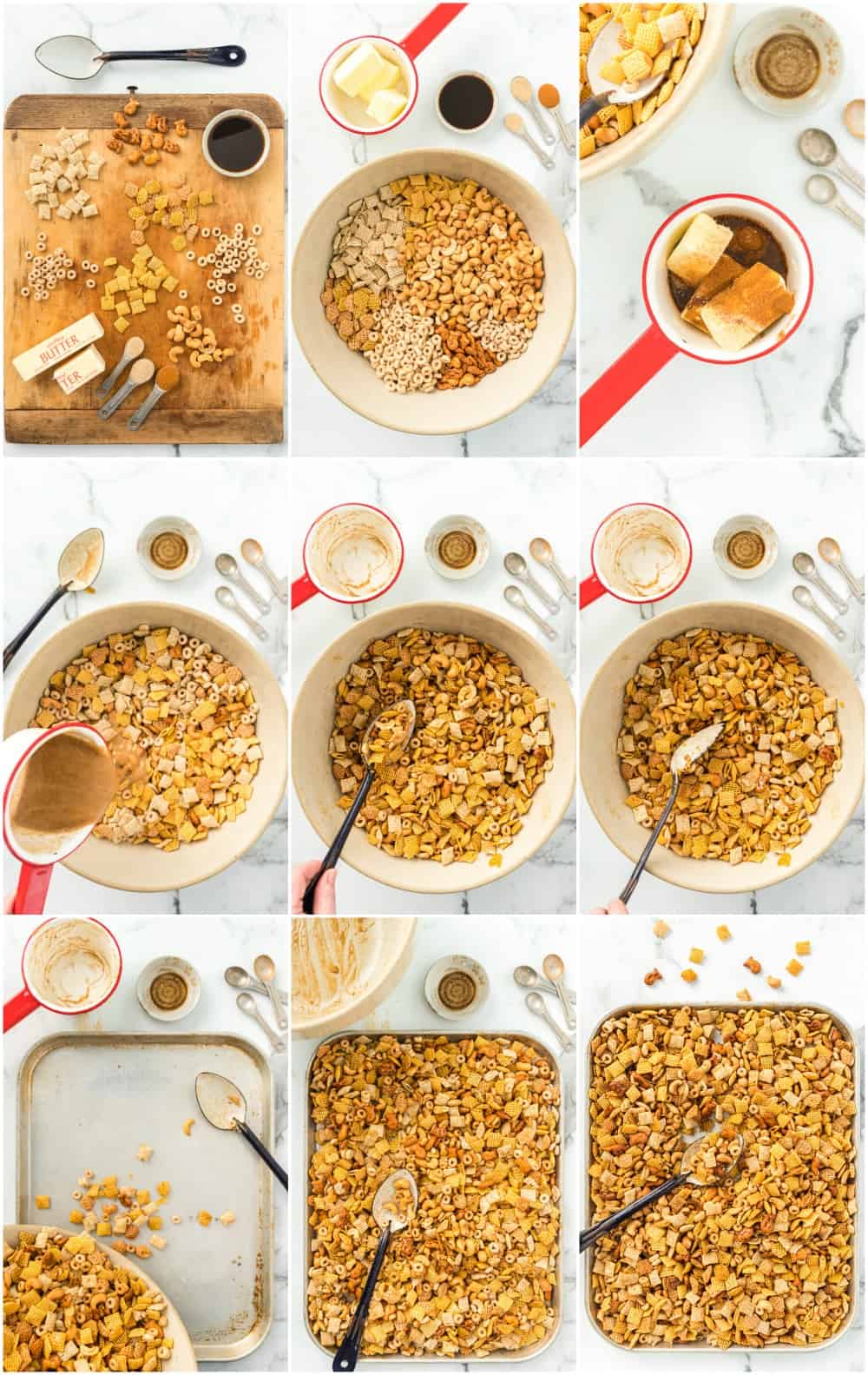 step by step photos of making chex mix - process shots