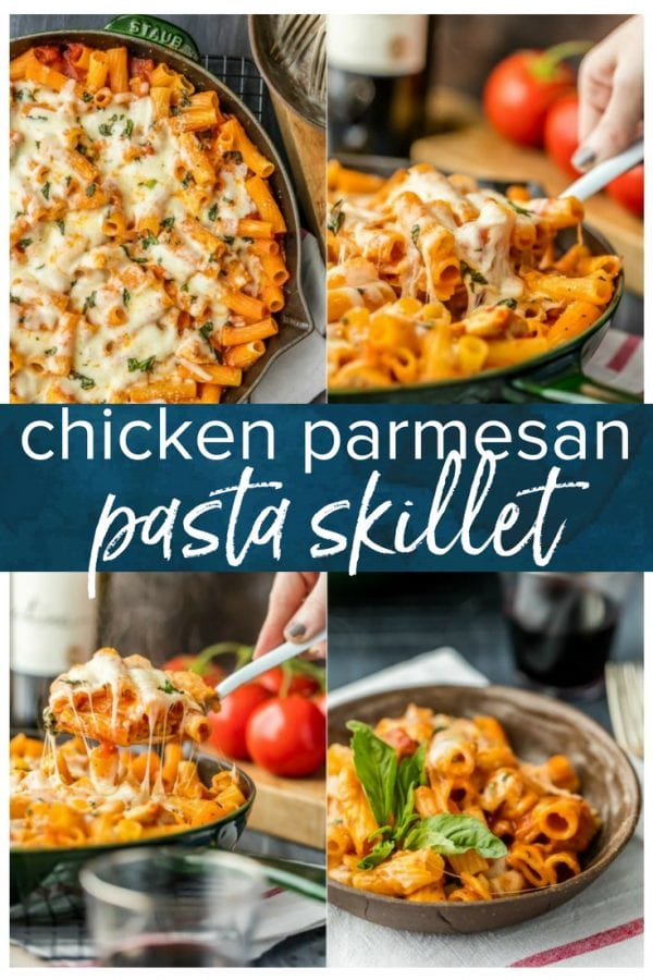 Chicken Parmesan Pasta Recipe uses only 6 ingredients and made in ONE PAN! This is our go-to easy dinner recipe anytime we are craving comfort food. A delicious chicken and pasta recipe everyone in the family will love! Skillet Chicken Parmesan for the win!