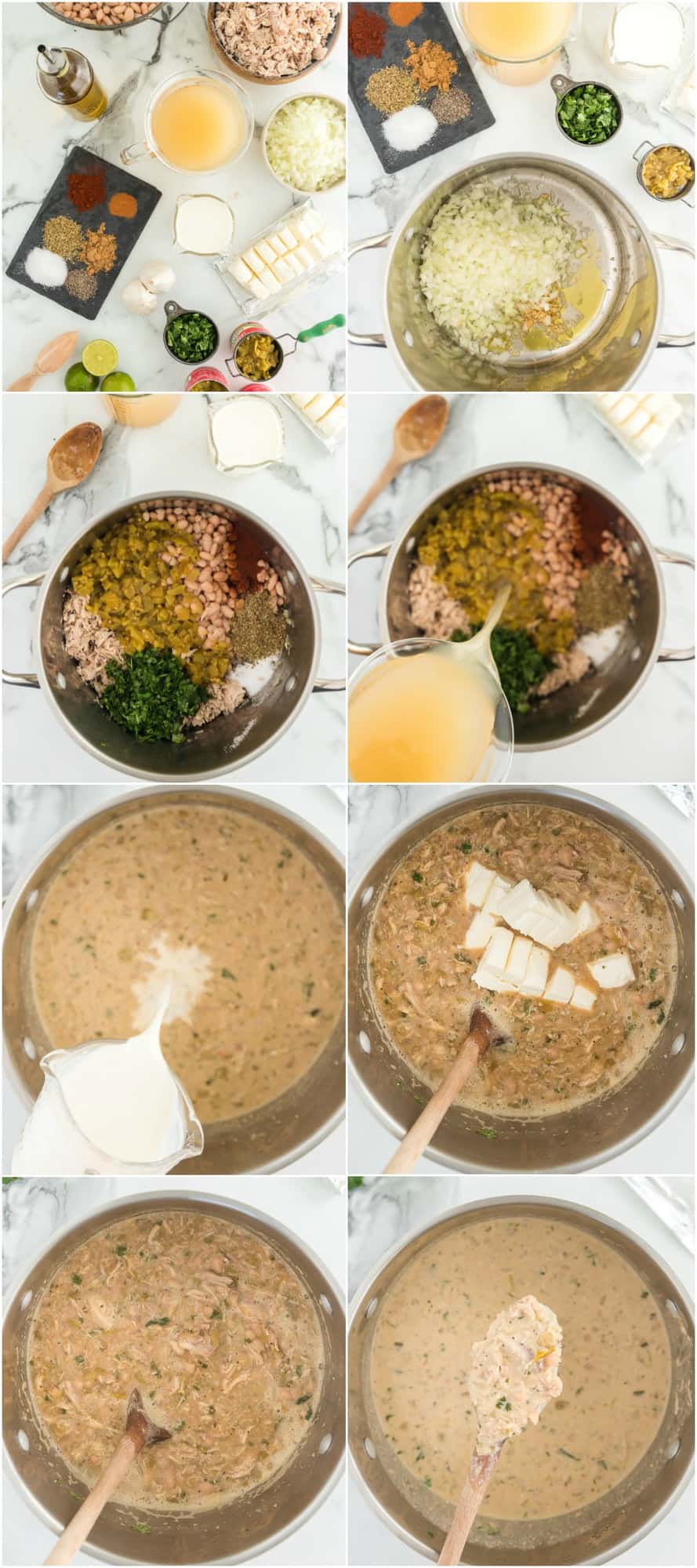 step by step photo instructions showing how to make white chicken chili, along with the ingredients