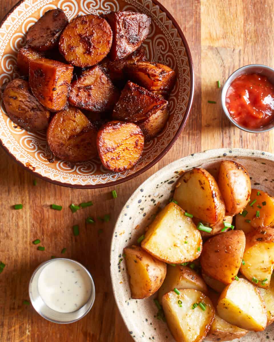slow cooker potatoes served with ketchup.