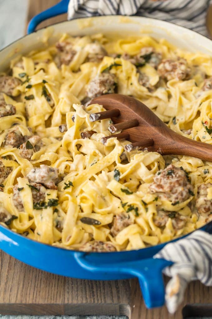 Sausage Alfredo in a blue pan
