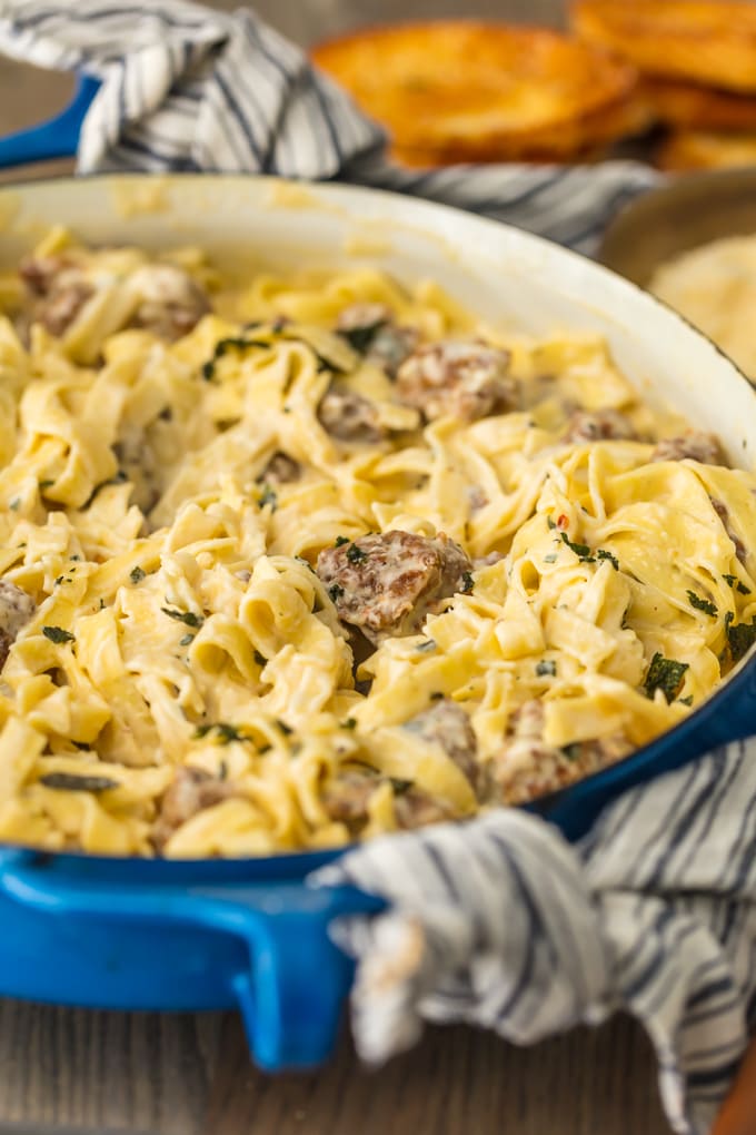 Blue pan full of Italian Sausage Pasta