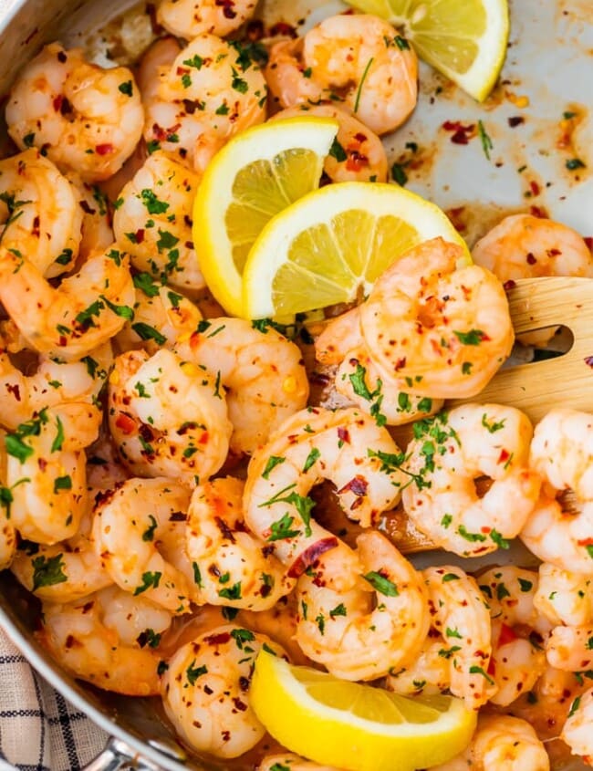 This lemon garlic butter shrimp recipe is so easy to make and just the right amount of spicy. Eat this garlic shrimp as an appetizer, main dish, or use it for tacos or salads.