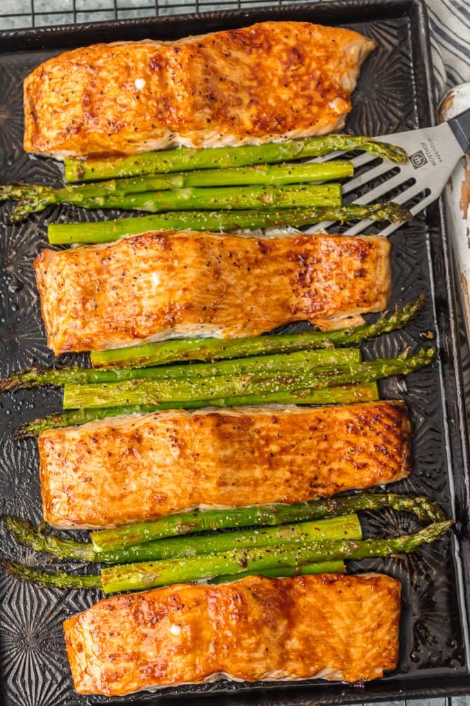 salmon and asparagus with hoisin sauce on sheet pan