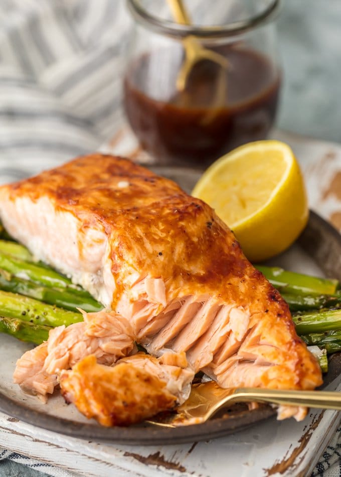 flakey baked salmon and asparagus with hoisin sauce