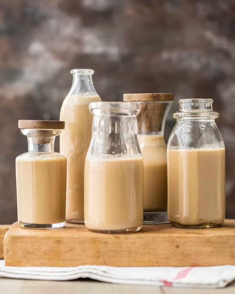 Four jars of homemade Bailey's Irish cream on a wooden cutting board.