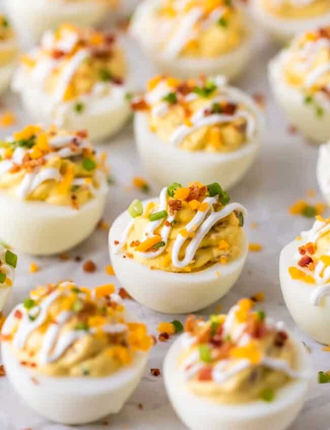 loaded deviled eggs on parchment