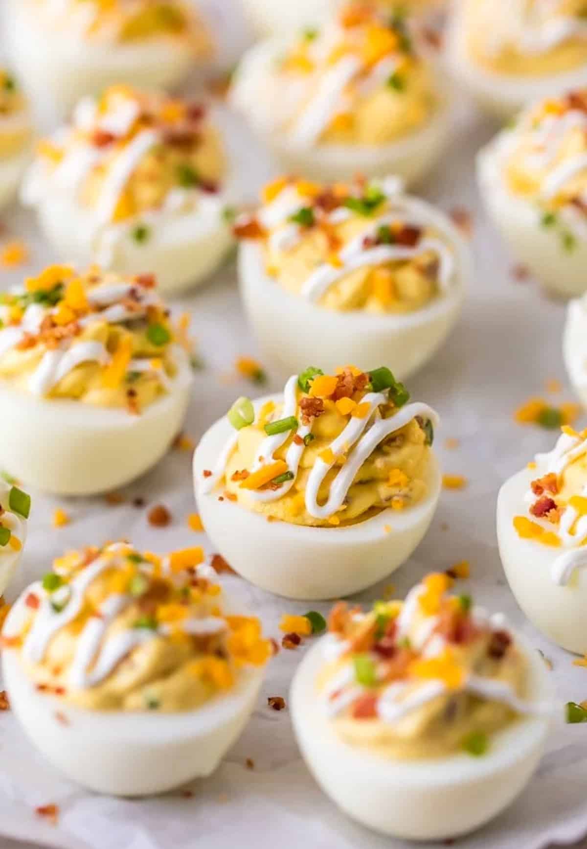 loaded deviled eggs on parchment