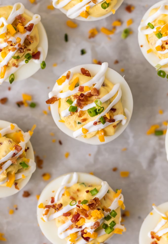 up close shot of deviled eggs on platter