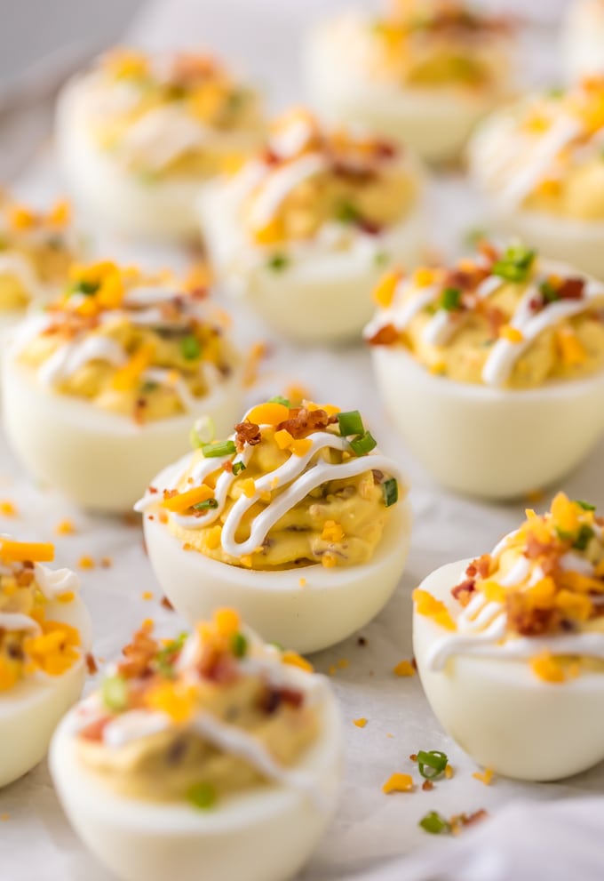 deviled eggs arranged on a tray