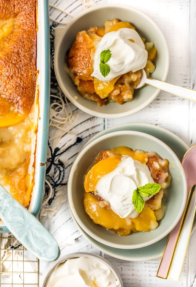 easy peach cobbler recipe in bowls with whipped cream