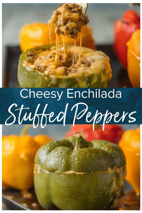 This Stuffed Peppers recipe is our go-to easy dinner recipe. This Cheesy Enchilada Stuffed Bell Peppers recipe is loaded with beef, green chiles, onions, enchilada sauce, & so much cheese!