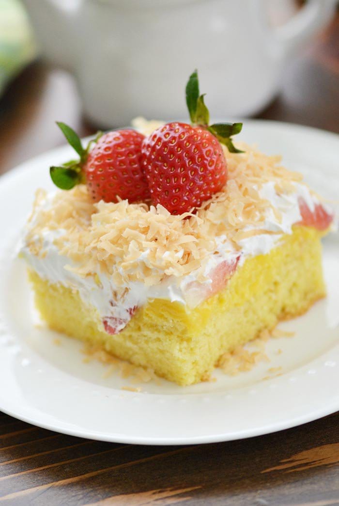 Strawberry Poke Cake with Toasted Coconut | Finding Zest Poke Cake Recipes are a favorite at our house. There's nothing better than a Jello Poke Cake Recipe to make a celebration unique, tasty, and most importantly EASY! These 10 Pudding Poke Cake Recipes are simple. creamy, flavorful, and creative. Enjoy!