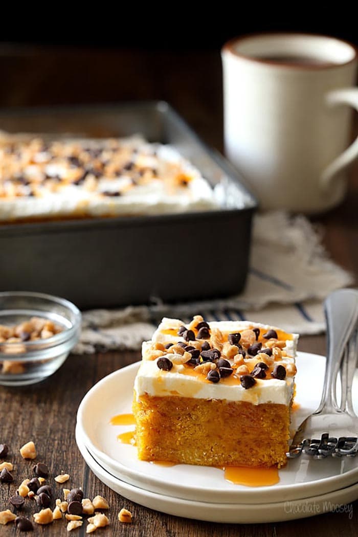 Pumpkin Spice Poke Cake | Chocolate Moosey Poke Cake Recipes are a favorite at our house. There's nothing better than a Jello Poke Cake Recipe to make a celebration unique, tasty, and most importantly EASY! These 10 Pudding Poke Cake Recipes are simple. creamy, flavorful, and creative. Enjoy!
