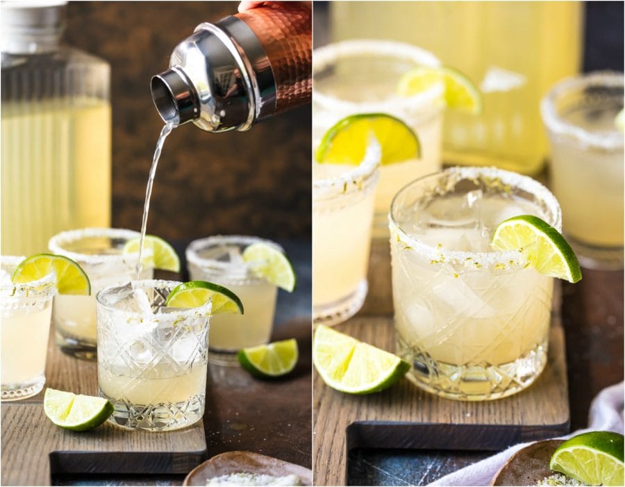 margarita recipe pouring into salt rimmed glasses