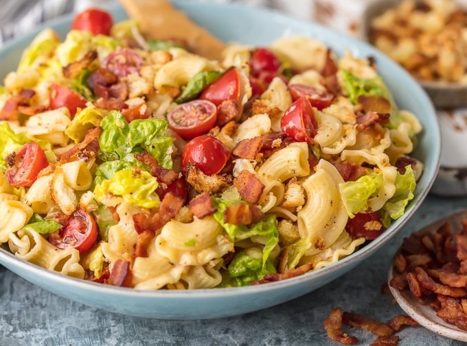 a bowl of blt pasta salad