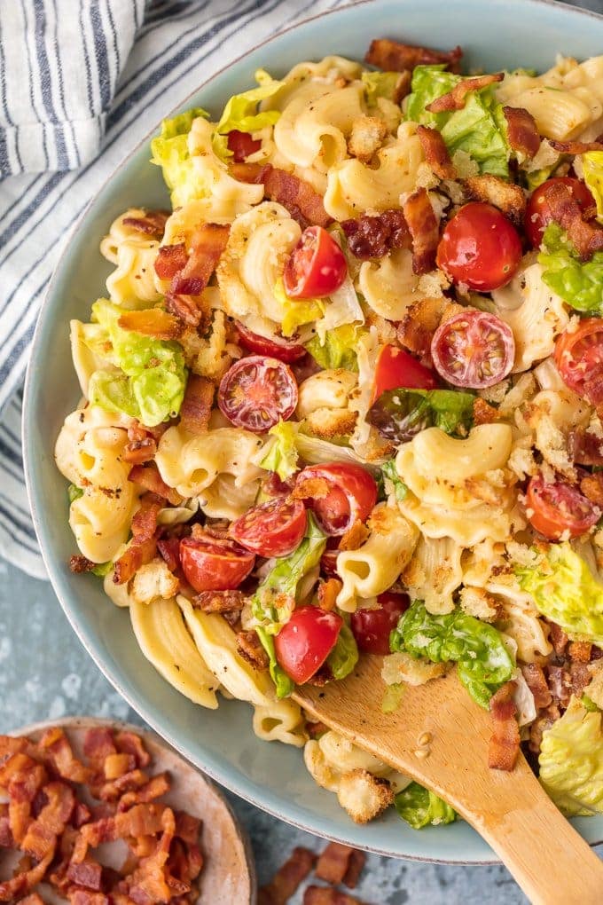 blt pasta salad in a light blue bowl