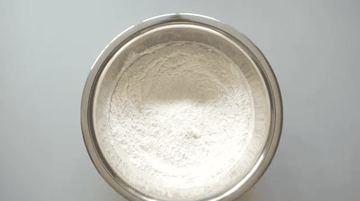 flour in a stainless bowl.