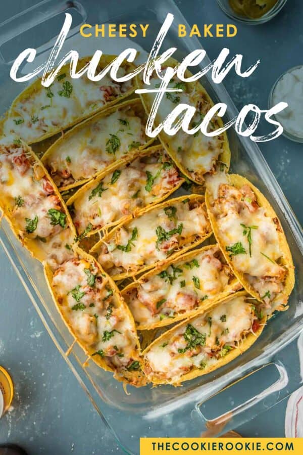 baked chicken tacos in dish - pinterest image