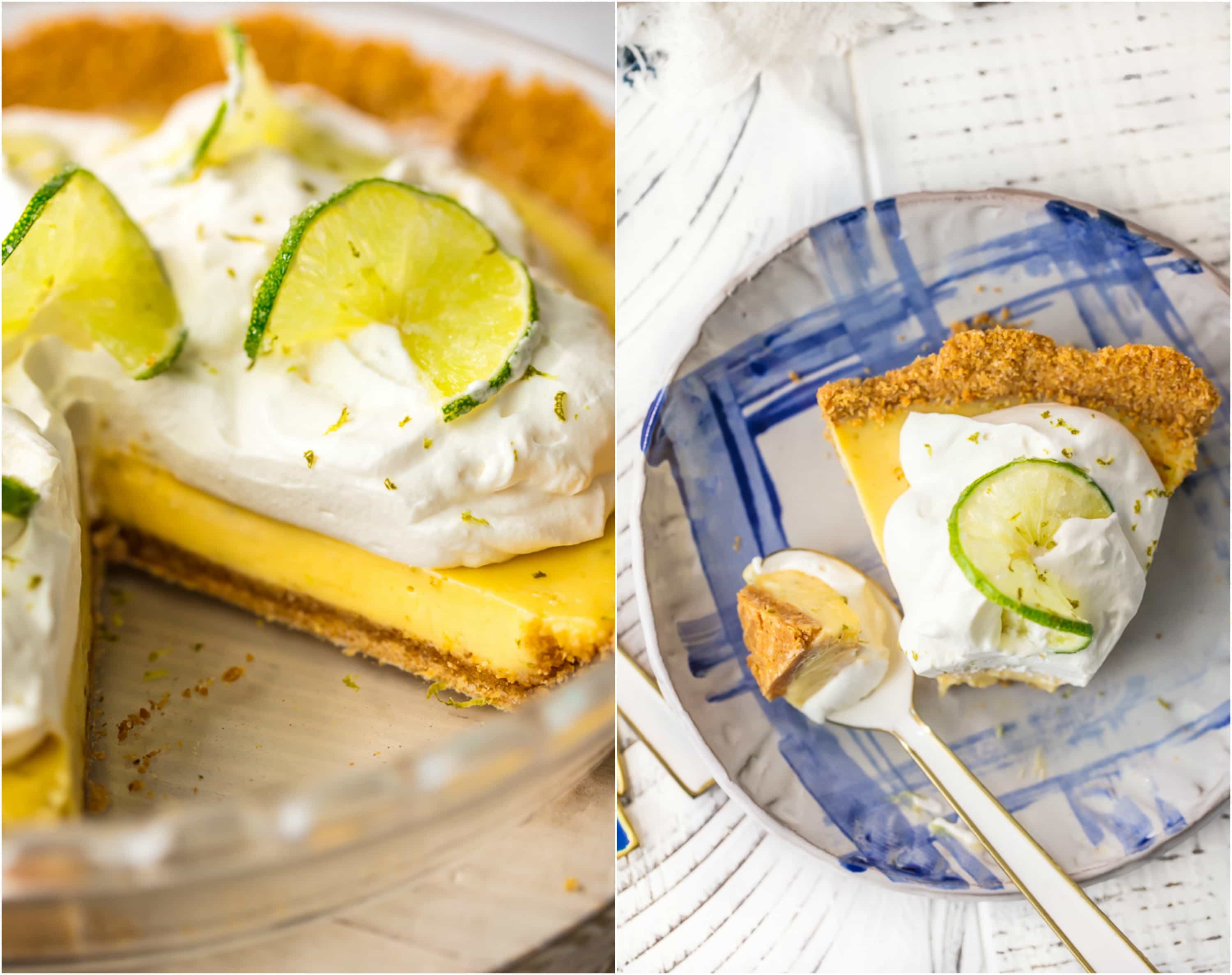key lime pie in pie pan and slice on plate