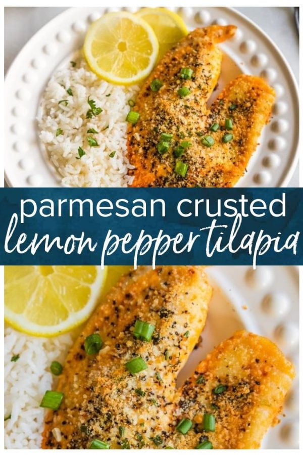 baked tilapia on a plate with text overlay