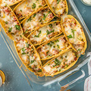 A baked chicken taco casserole dish.