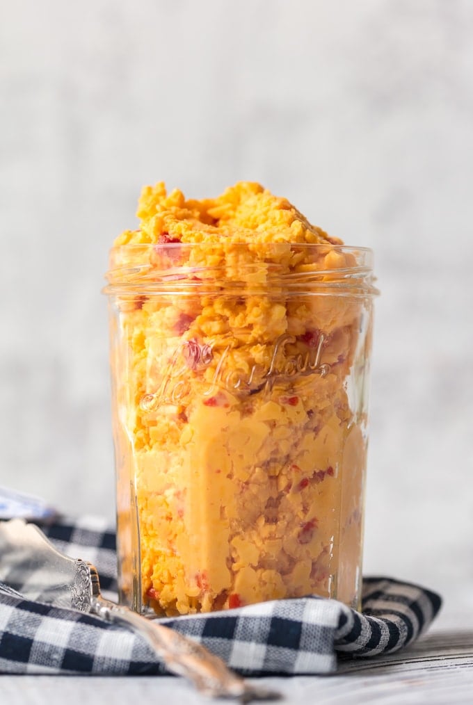 pimento cheese dip in a mason jar.